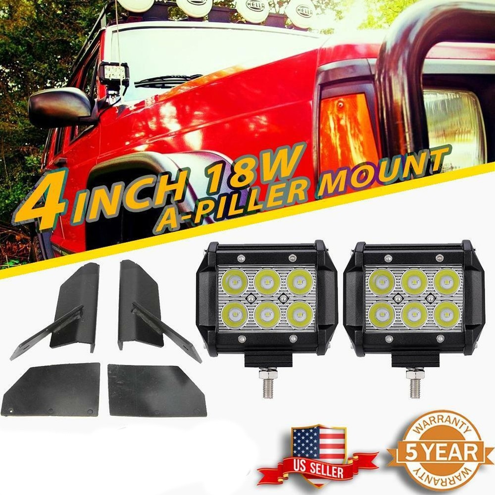 Pair 4" LED Work Light Bar Cube+Windshield Mount Brackets for Jeep Cherokee XJ