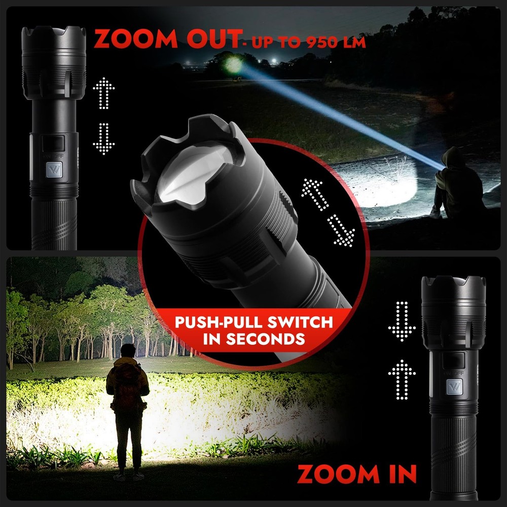 WARSUN Multi-Function Zoom Flashlight - Aluminum, Long Range Beam, Black