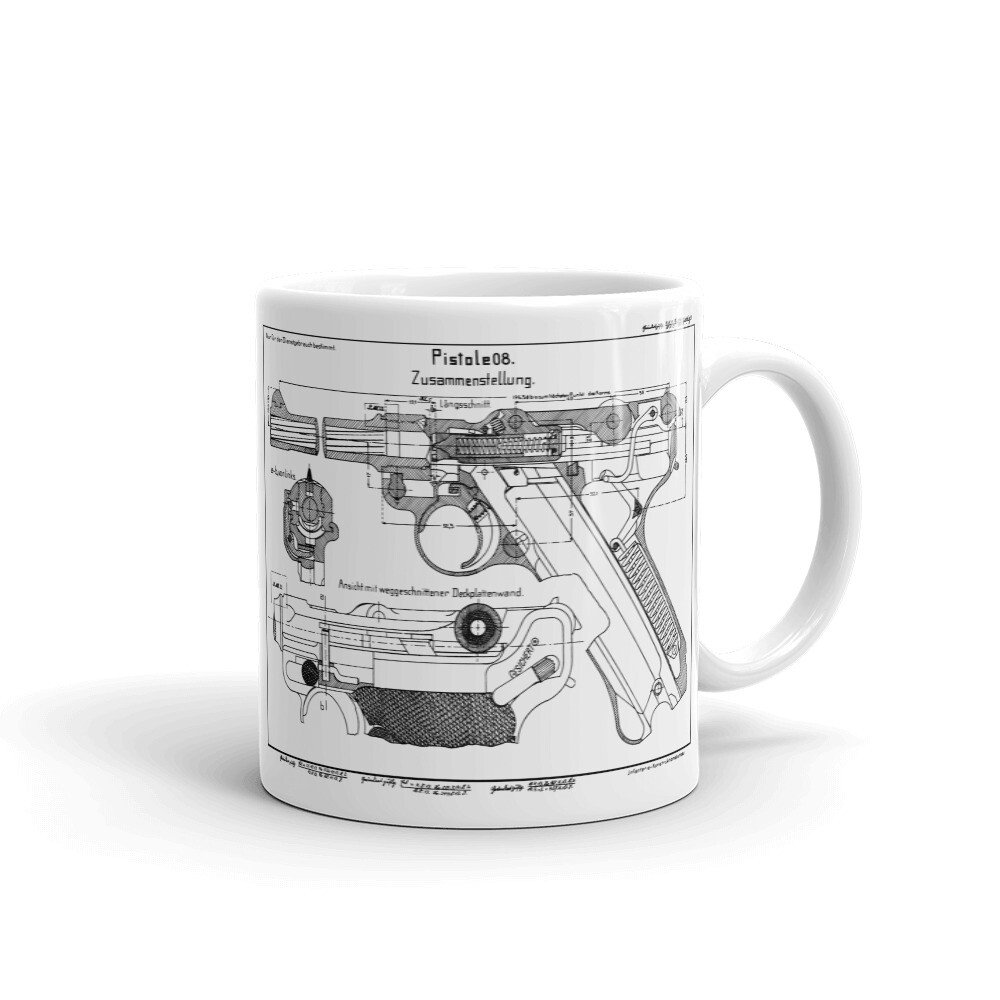 German P08 Luger Pistol Coffee Tea Mug - WW1 Patent Print Ceramic Military Mug