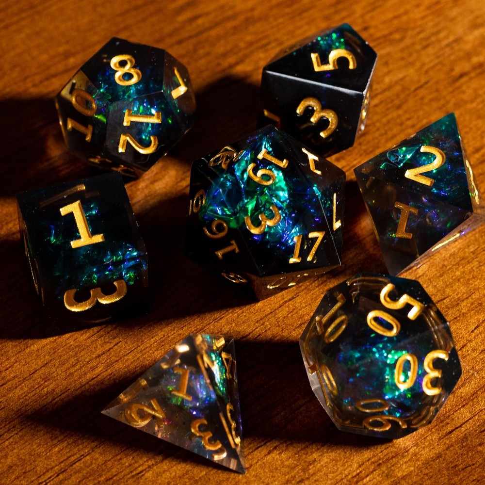 Resin DND Dice Set, 7 Pieces Handmade Sharp Edge Polyhedral Dice for Dungeons...