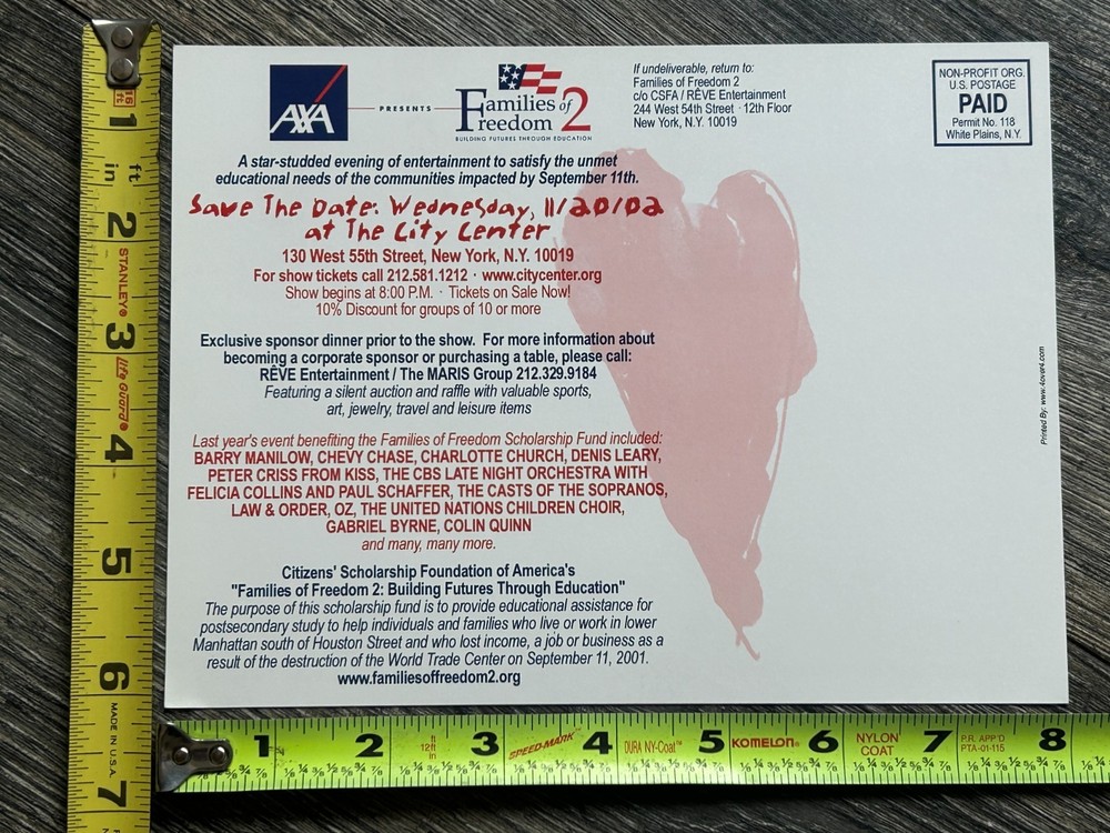 Kiss Concert Ad Card PETER CRISS Promo Postcard 9/11 Benefit 2002 Barry Manilow