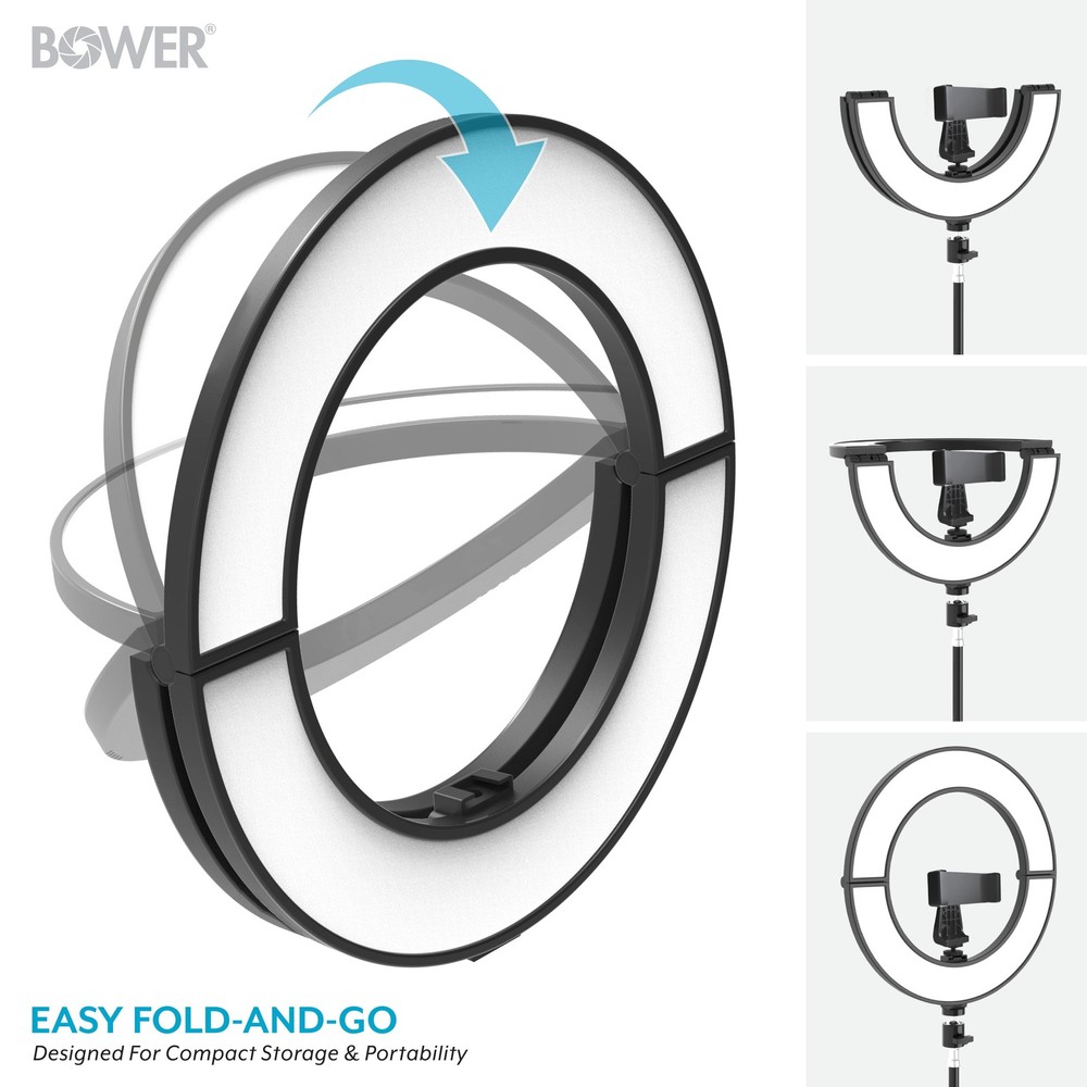 Bower 12" Foldable Ring Light with Adjustable Stand and Remote Control- Black
