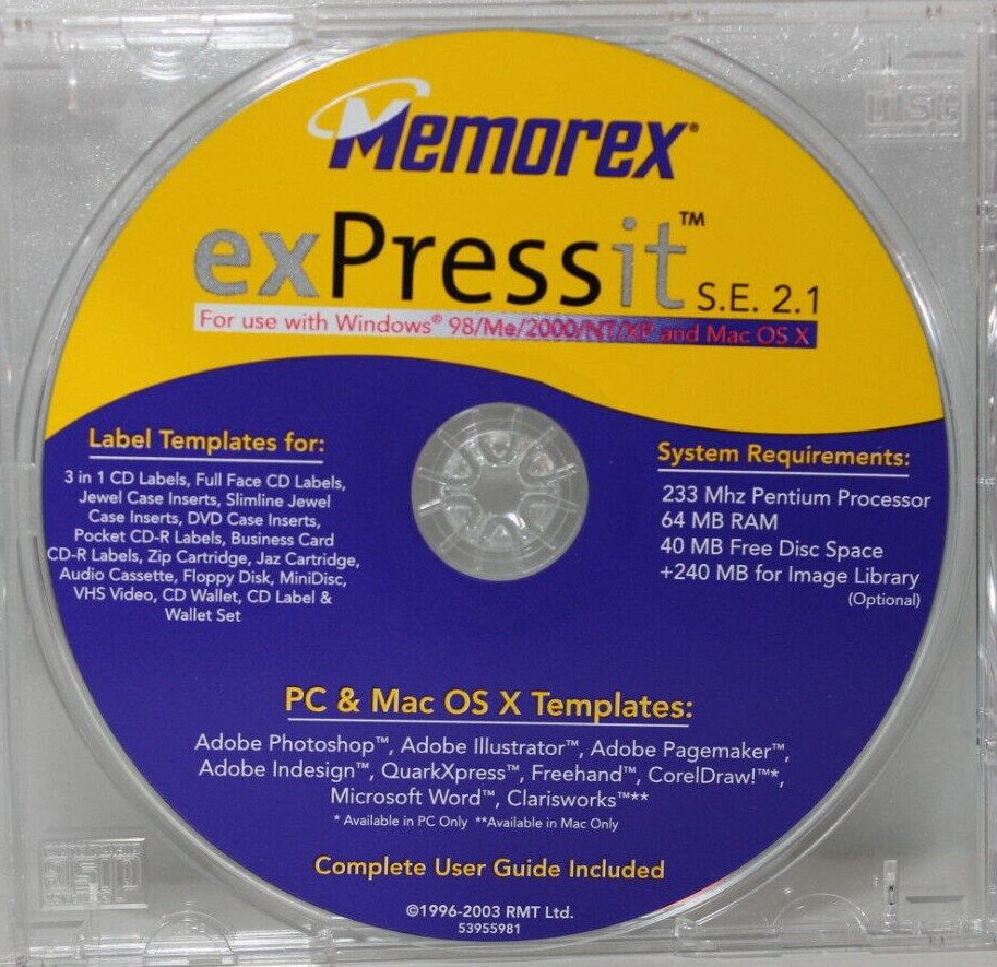 MEMOREX EXPRESSIT S.E. 2.1 LABEL TEMPLATE SOFTWARE WINDOWS 98 ME 2000 NT XP VNTG