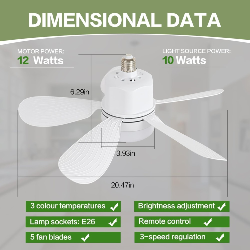 Screw-in Ceiling Fan Light E26E27 Base with Remote-Dimmable Socket Lamp for Home