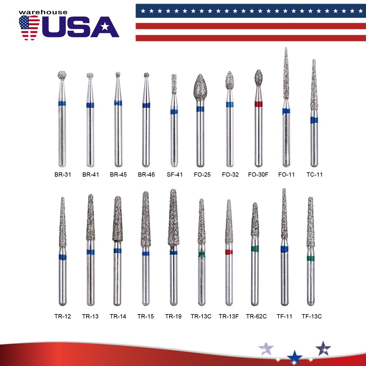 100Pcs AZDENT Dental Diamond Burs High Speed Handpiece Friction Grip 20 Types