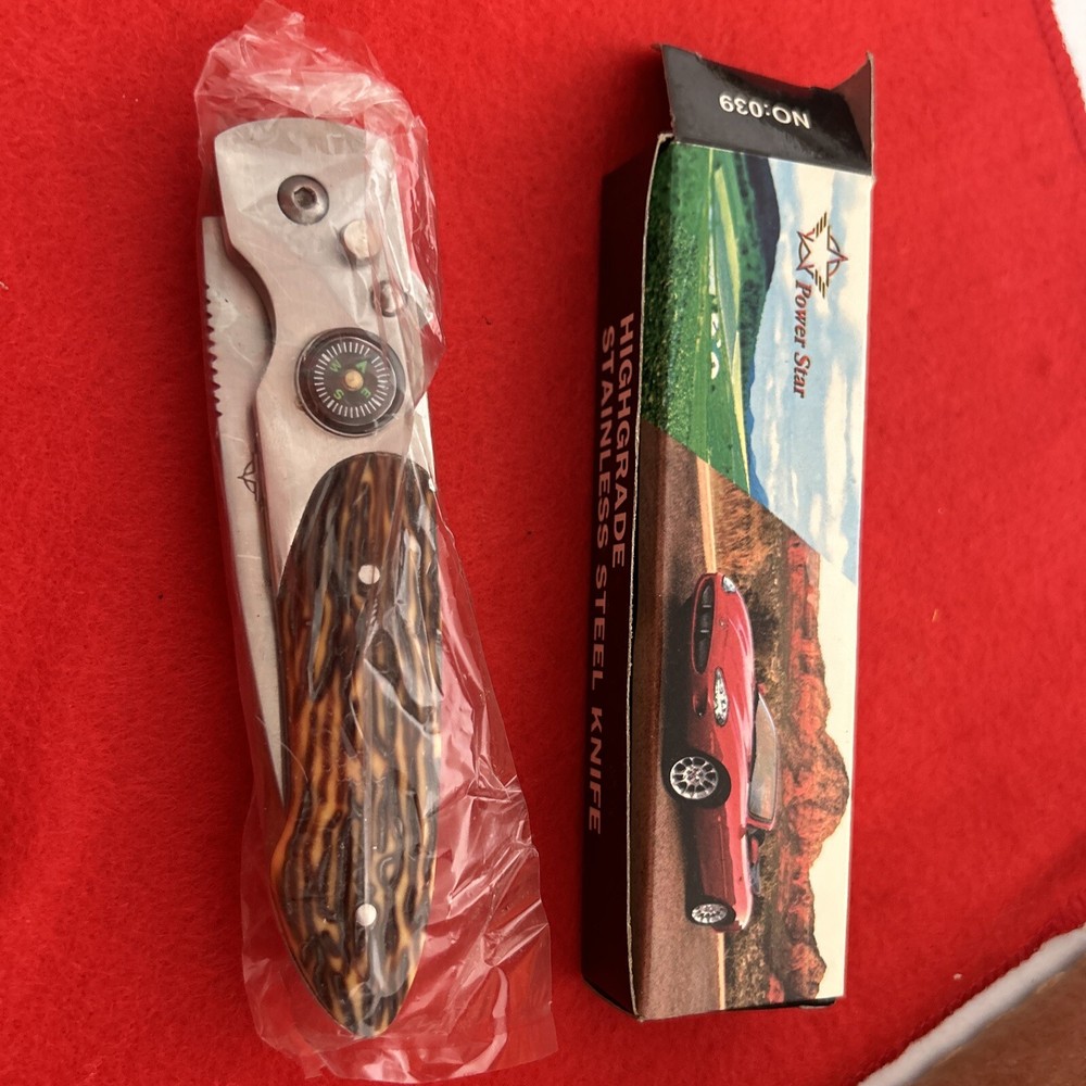 Vintage Power Star Folding Lockback Knife with Compass on handle