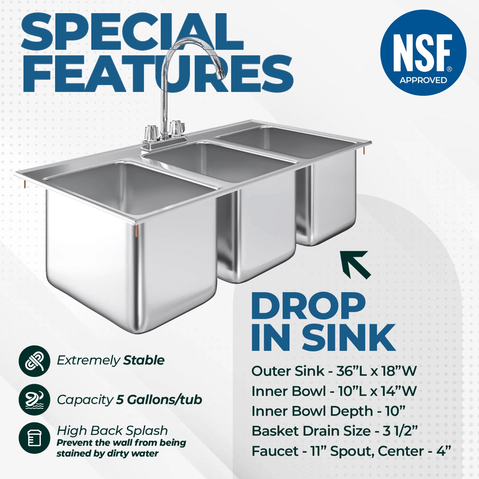 Stainless Steel 3 Compartment Drop-In Sink with Faucet, New