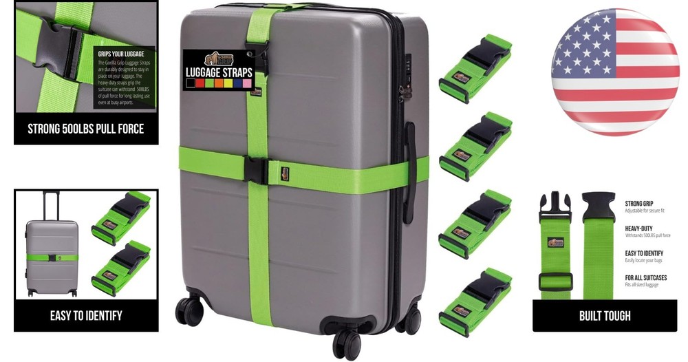 Secure Your Luggage with 4 Adjustable Gorilla Grip Straps - Easy Identification