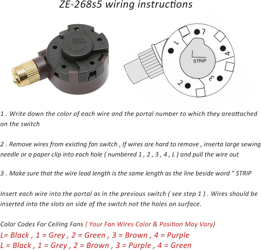 Ceiling Fan Switch Zing Ear ZE-268S5, 4 Speed 5 Wire Switch Ceiling Fan Light Re