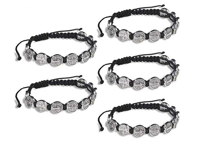 Black St Saint Benedict Medal  8" Adjustable Cord Rosary Bracelets Pack of 5