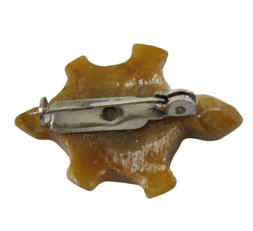 Hand Carved Stone Turtle Brooch Brown
