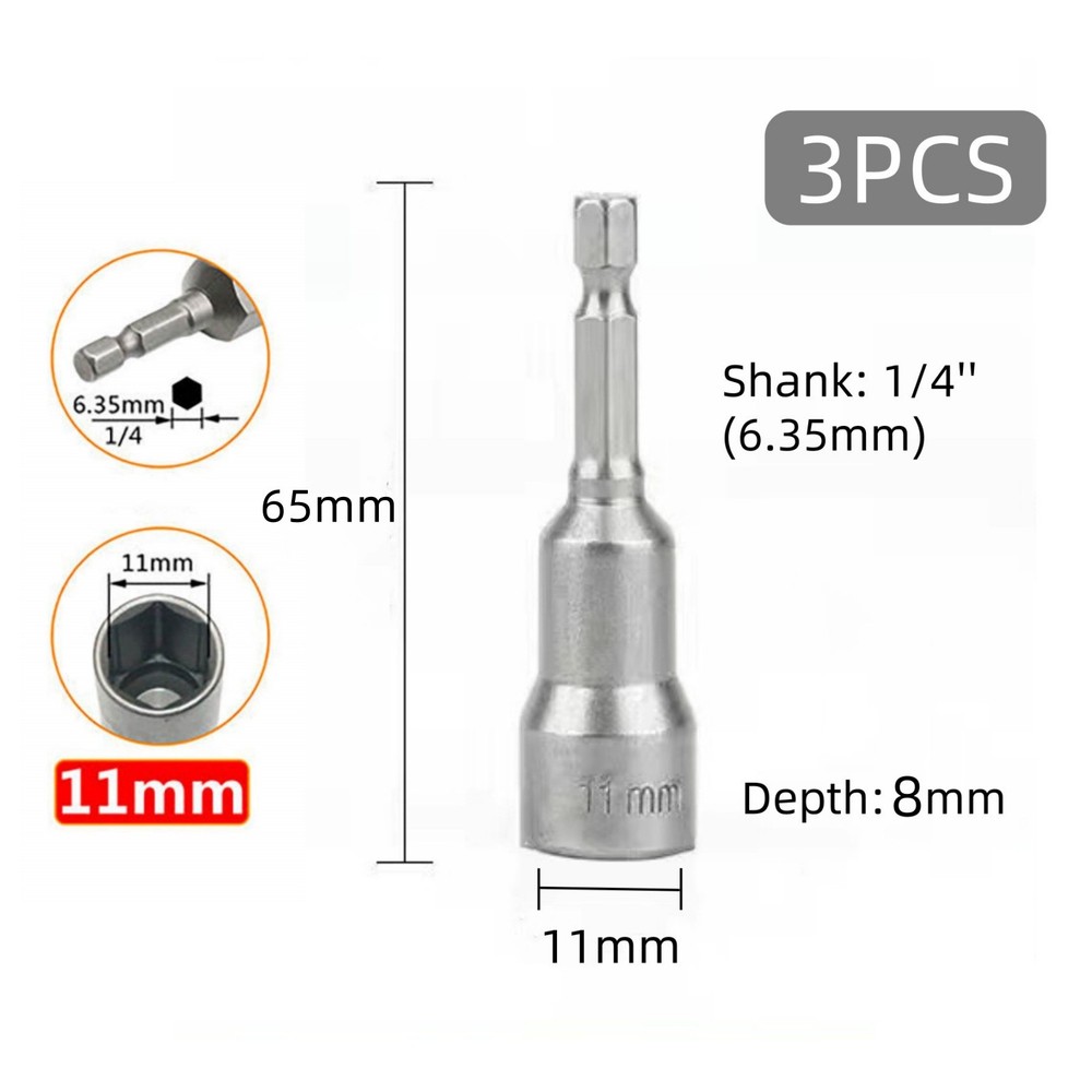 3pcs 1/4 Shank Strong Magnetic 11mm Hex Socket Driver Screw Adapter Tool Bits C