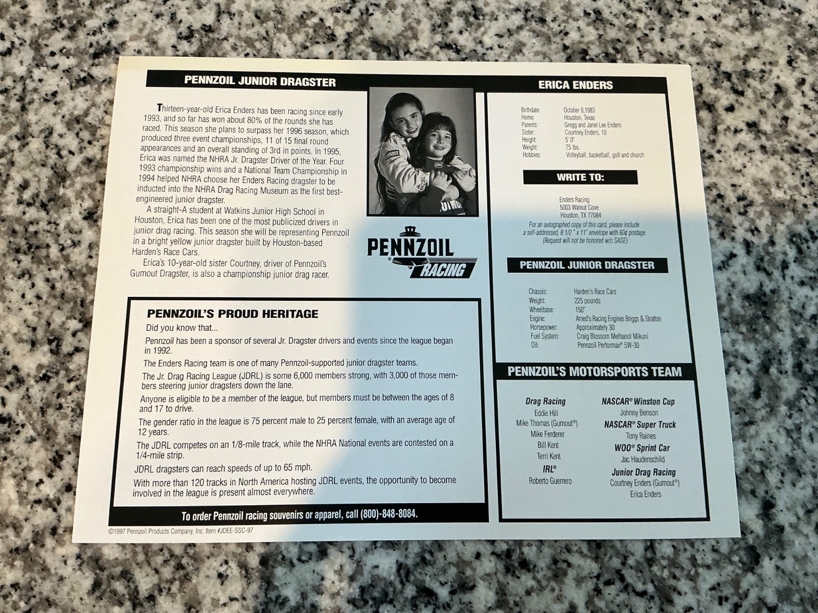 Historic Erica Enders 1st ever autographed Junior Dragster NHRA postcard