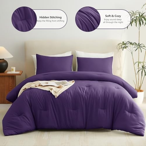 Comforter Set 3 Pieces Solid Comforters Size Breathable Quilted Queen Purple