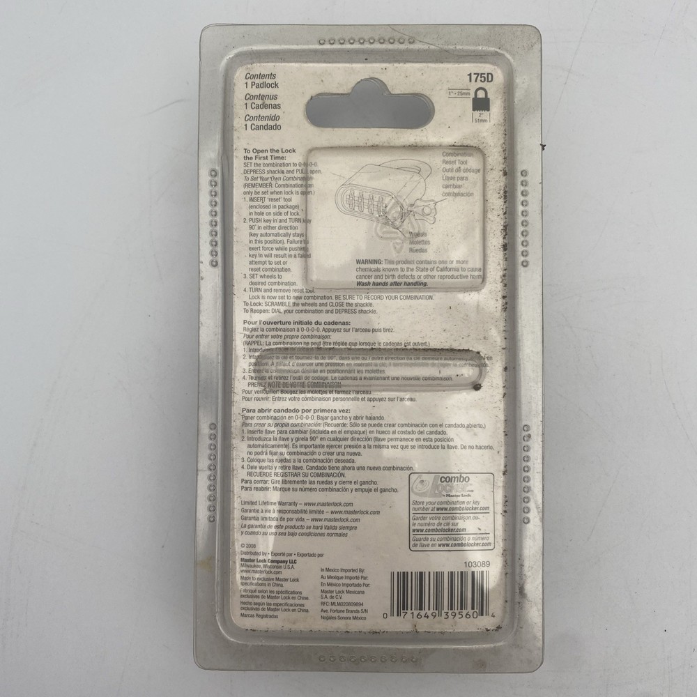 NEW Master Lock Resettable Combination Padlock 2" wide Brass 175D