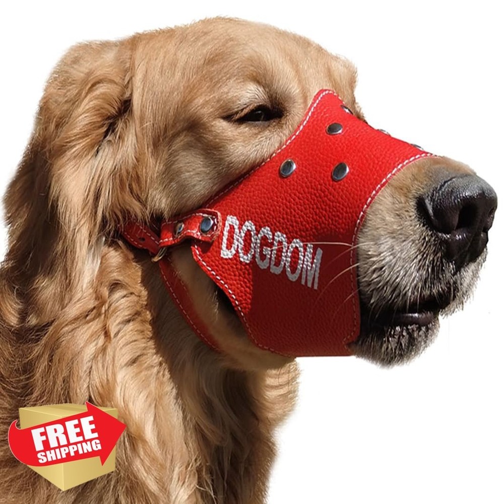Dogdom Red Leather Dog Muzzle M Adjustable Breathable Training Chew Prevent