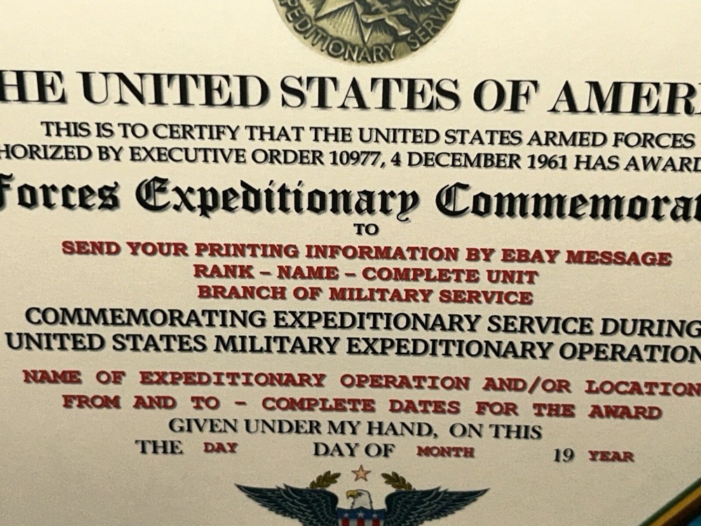 ARMED FORCES EXPEDITIONARY MEDAL COMMEMORATIVE CERTIFICATE ~ W/PRINTING TYPE-1