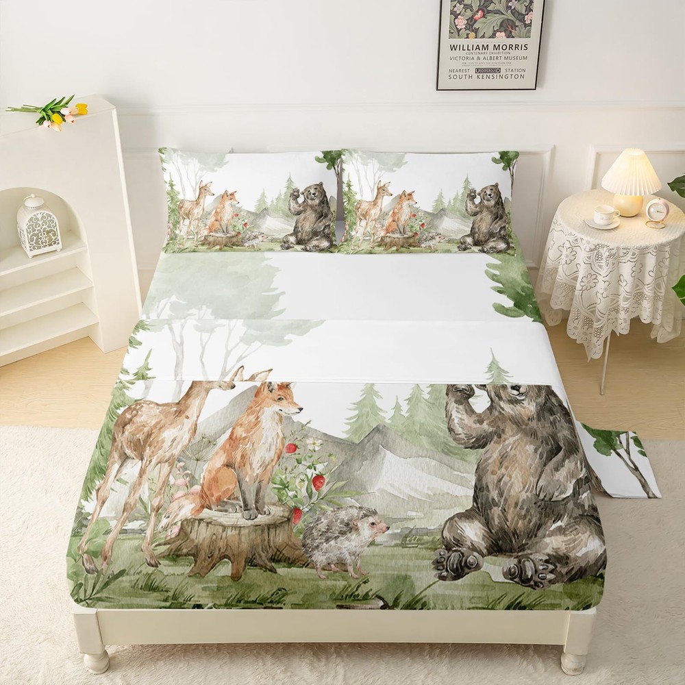 QOOMO Black Bear Watercolour Microfiber Flat Fitted Sheets Set for Children C...