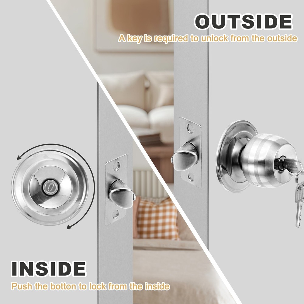 Keyed Entry Door Lock Knobs Stainless Steel Round Lock 60mm (2-3/8") Backset