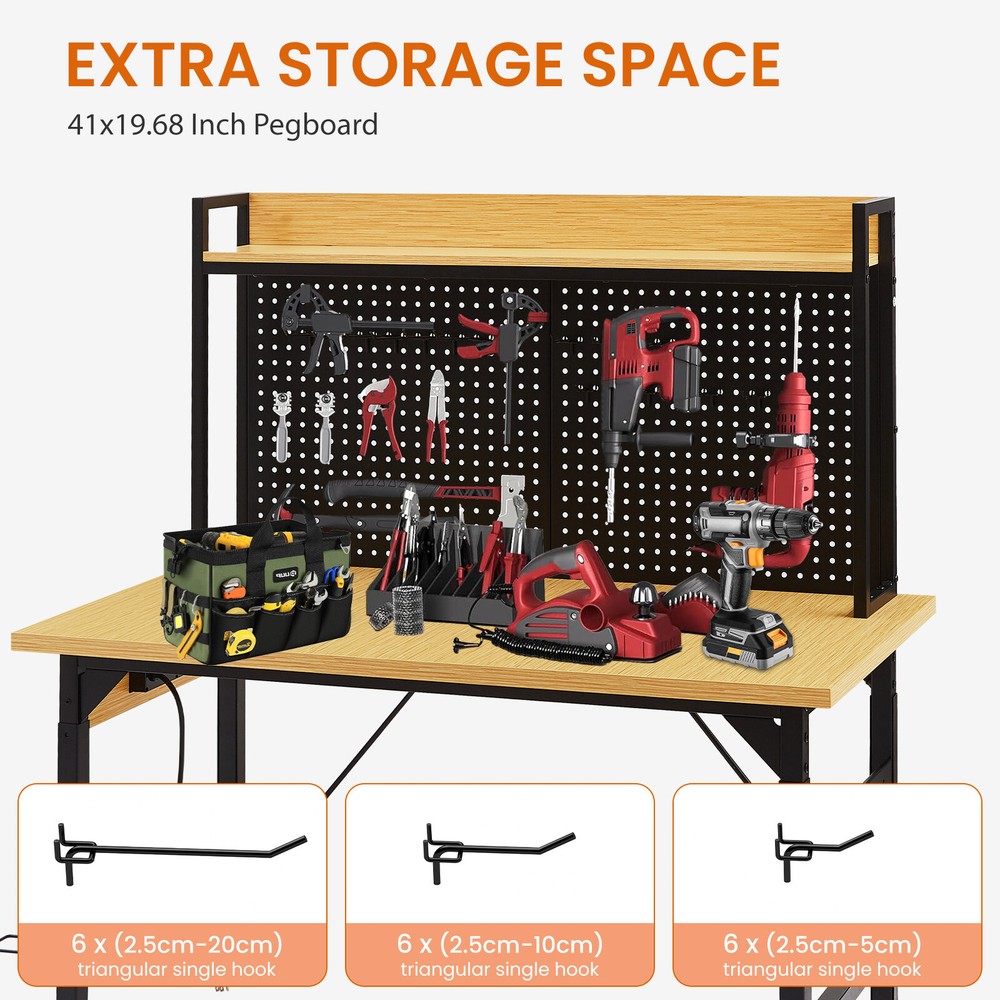 Adjustable workbench with pegboard, rolling workbench with shelves