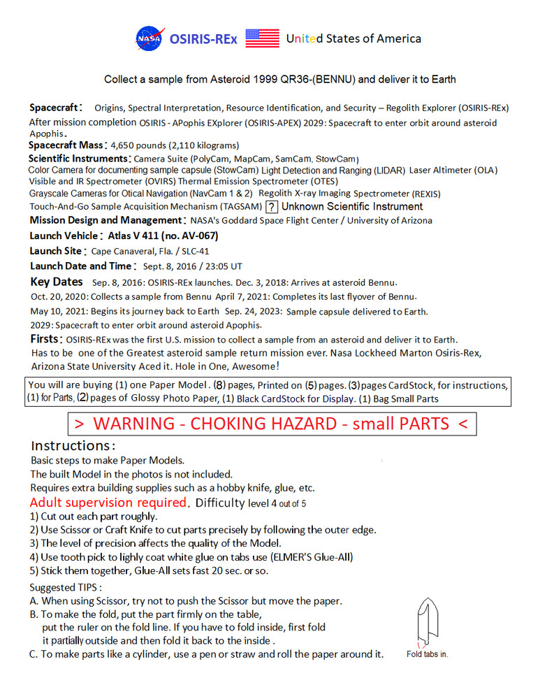 OSIRIS-REx Spacecraft Space Probe Paper Model Kit