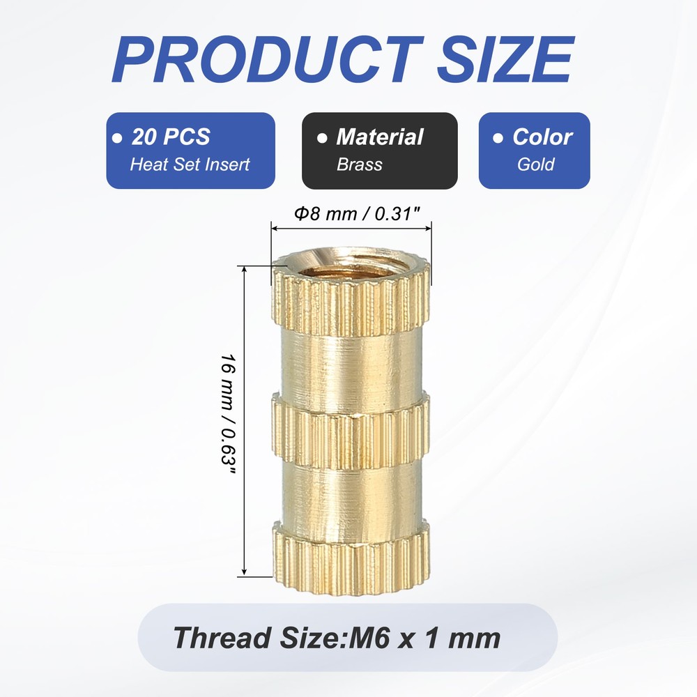 20 Pcs Threaded Heat Set Inserts M6x16x8mm Brass Knurled Insert Tip Nut