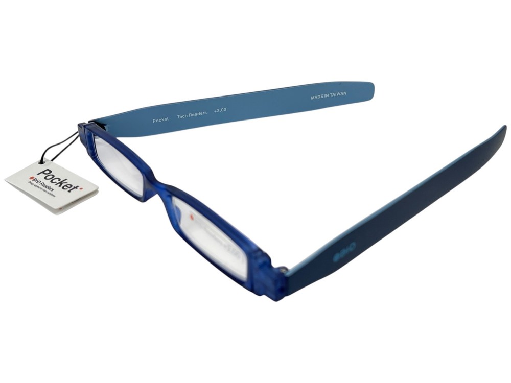 B+D Pocket Tech Readers +2.00 Reading Glasses Blue Compact Folding with Case NEW