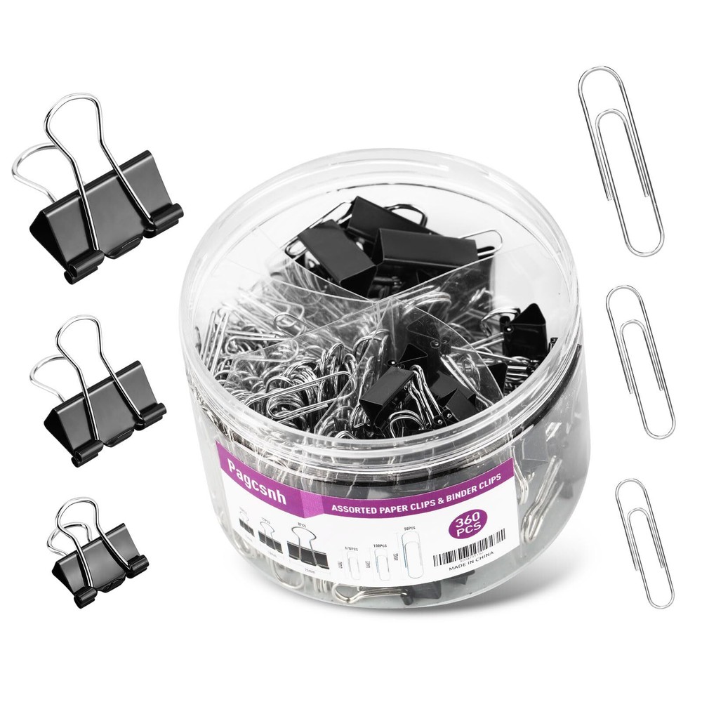 360 Pcs Binders & Paperclips Assorted Sizes with Container