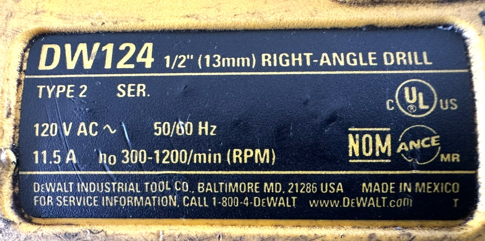 Dewalt DW124 1/2" Joist & Stud Drill Power Tool Right Angle Drill