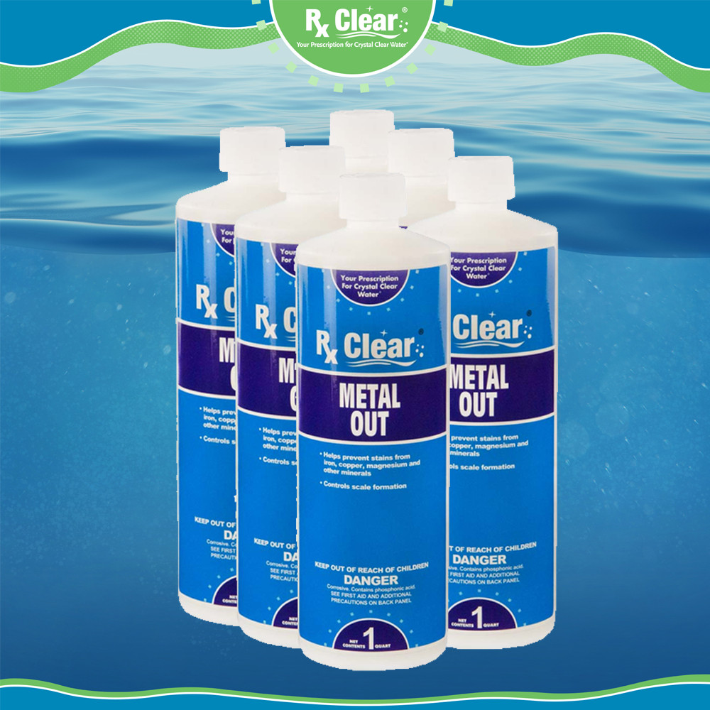 Rx Clear Swimming Pool & Spa Metal Out Chemical 1 Quart Bottle - 6 Pack