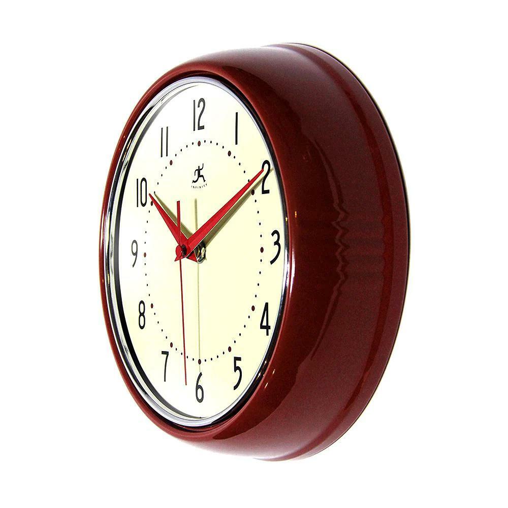 Infinity Instruments Retro Wall Clock Red Metal Quartz Movement Chrome Trim Ring