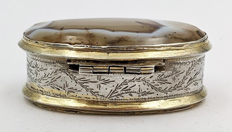 INDIAN COLONIAL SOLID SILVER AGATE MOUNTED SNUFF BOX 19TH CENTURY