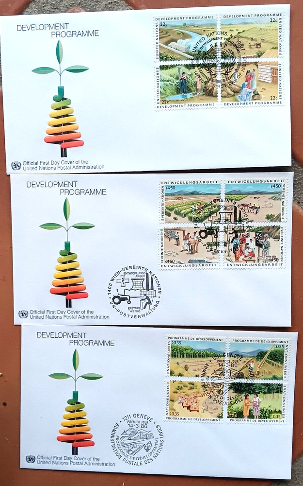 DEVELOPMENT PROGRAM COMP SET UNITED NATIONS SET 3 OFFICIAL CACHET FDCS 1986 UNAD