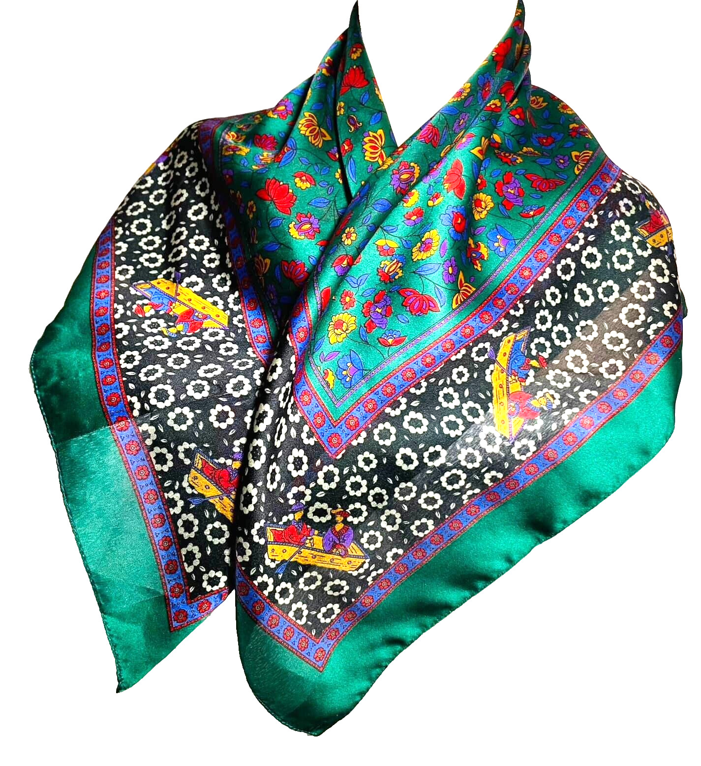 VTG Italy Square Scarf Asian Motif Couple in Boat Lotus Flowers Green 31x31"