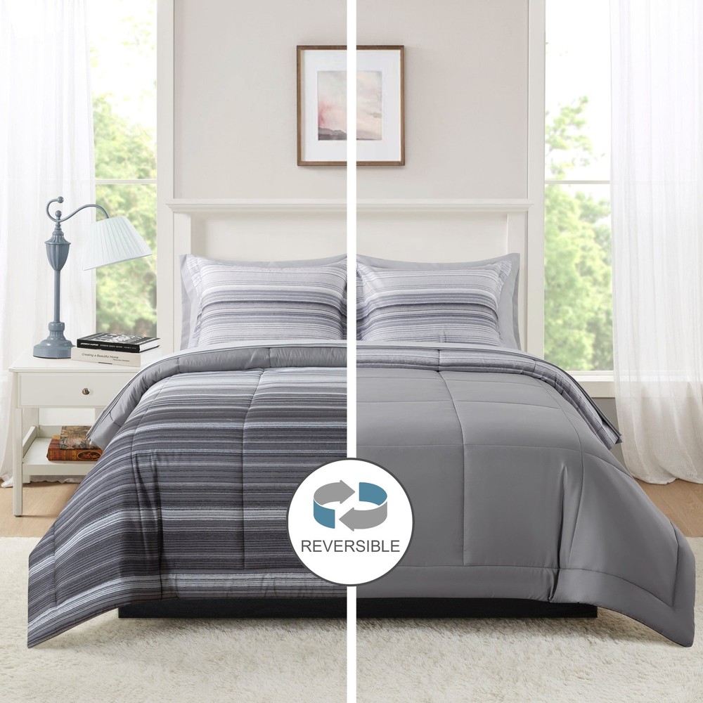 All in One Reversible Comforter & Sheet set- 7 Piece Queen Gray Stripe