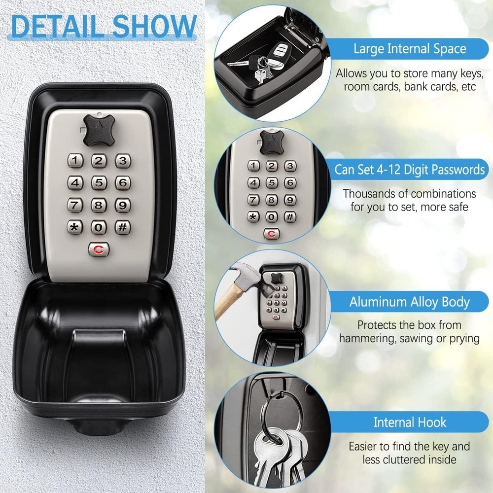 Wall Mount Key Lock Box 12-Digit Combination Weatherproof Outdoor Security Safe