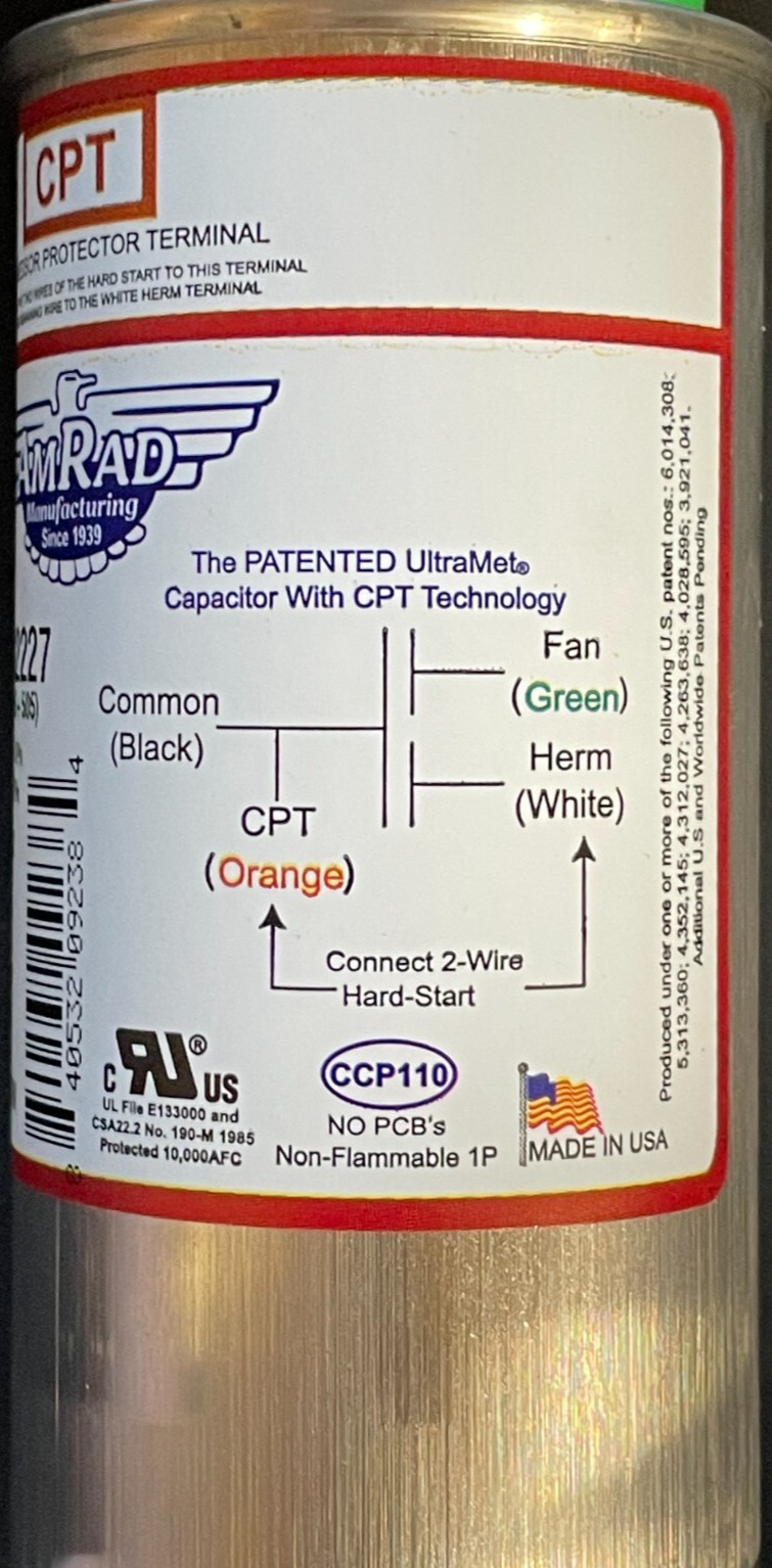 AmRad Round Run Capacitor 35/5 MFD 370/440 VAC USA2227