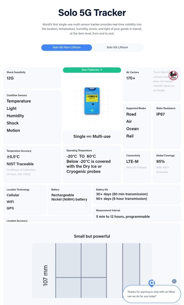 Tive Solo 5G Temppeture Data Logger Model#TT-7100