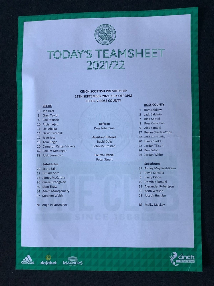 2021/22 Celtic v Ross County September teamsheet