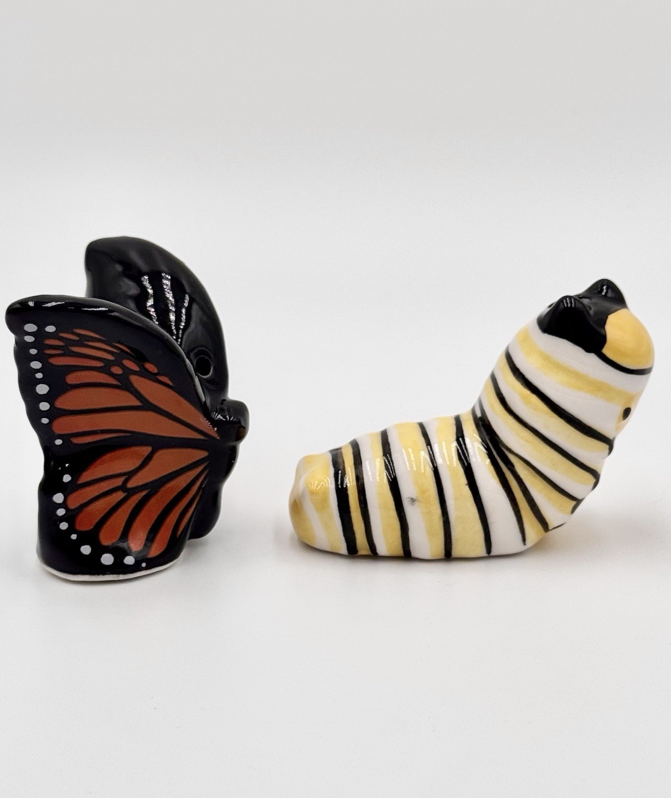 Cracker Barrel Mini Monarch Butterfly And Caterpillar Salt & Pepper Shakers NEW