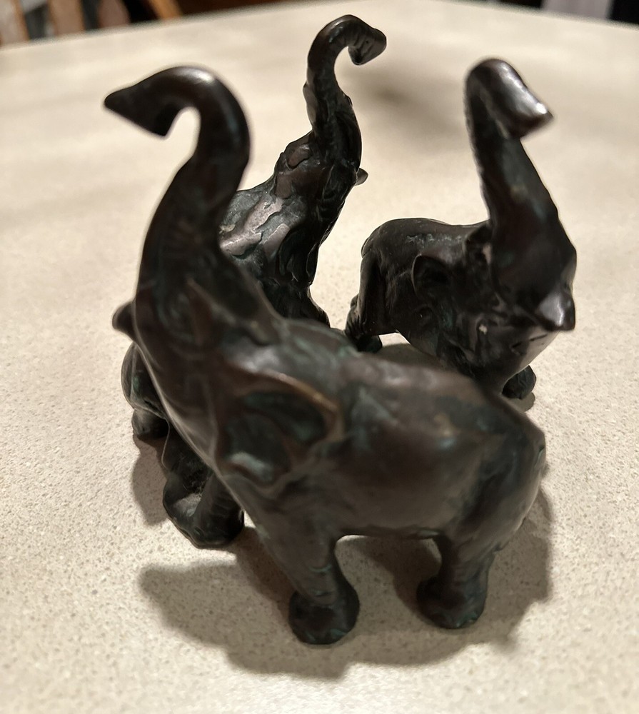 Vintage Solid Brass 3 Elephant Figurine Sculpture Statue Lucky Trunk Up