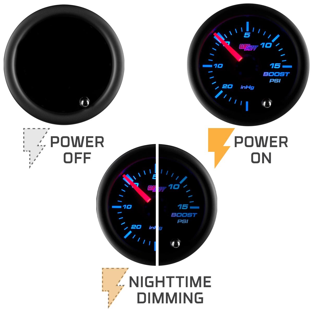 GlowShift 52mm Tinted 7 Color 15 PSI Turbo Boost / Vacuum Gauge