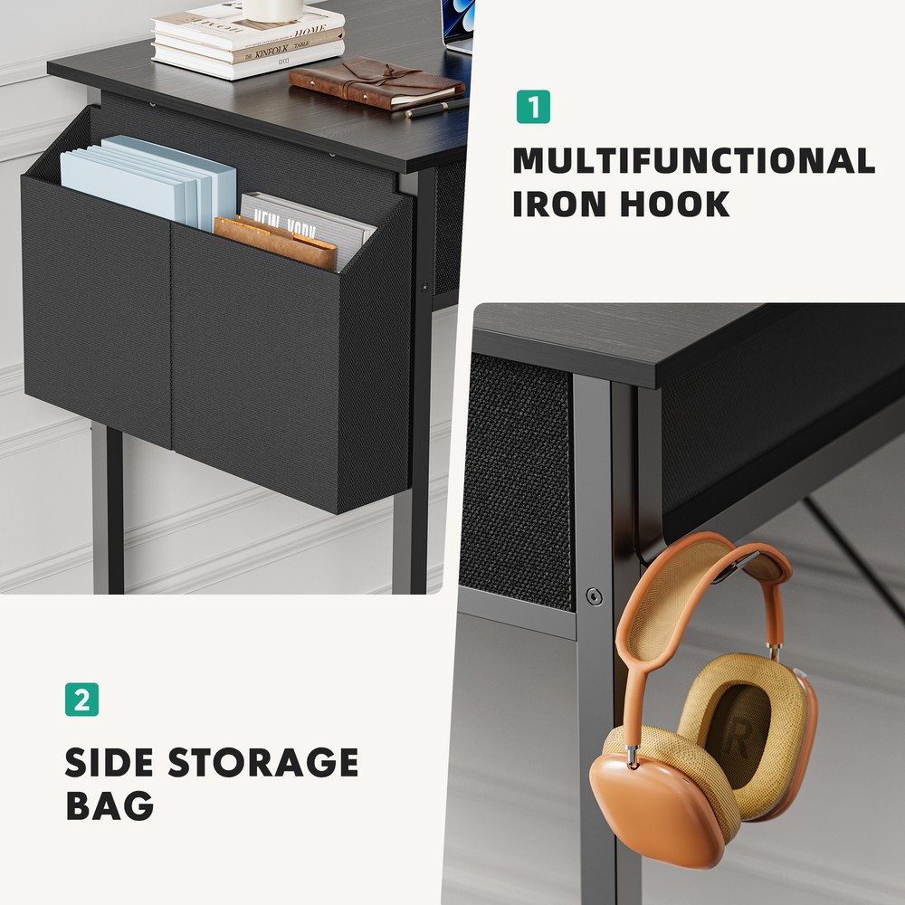 32" Office Small Computer Desk,Home Study Table with 2 Fabric Drawers & Side Bag