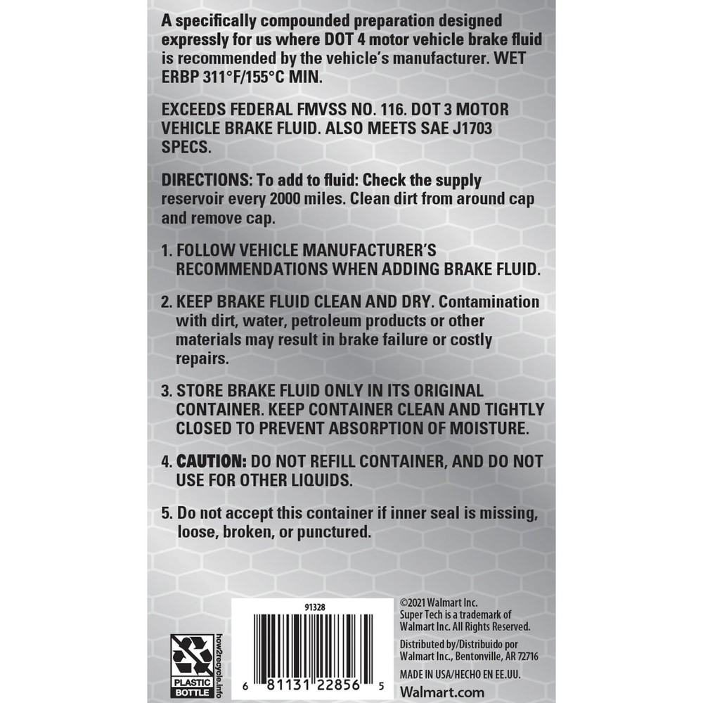 Super Tech Dot 4 Motor Vehicle Brake Fluid, 32 fl oz