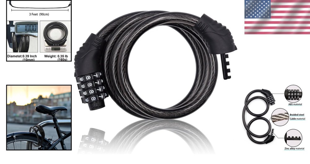 Lightweight 3ft Combination Cable Lock for Bikes and Scooters - Secure & Safe