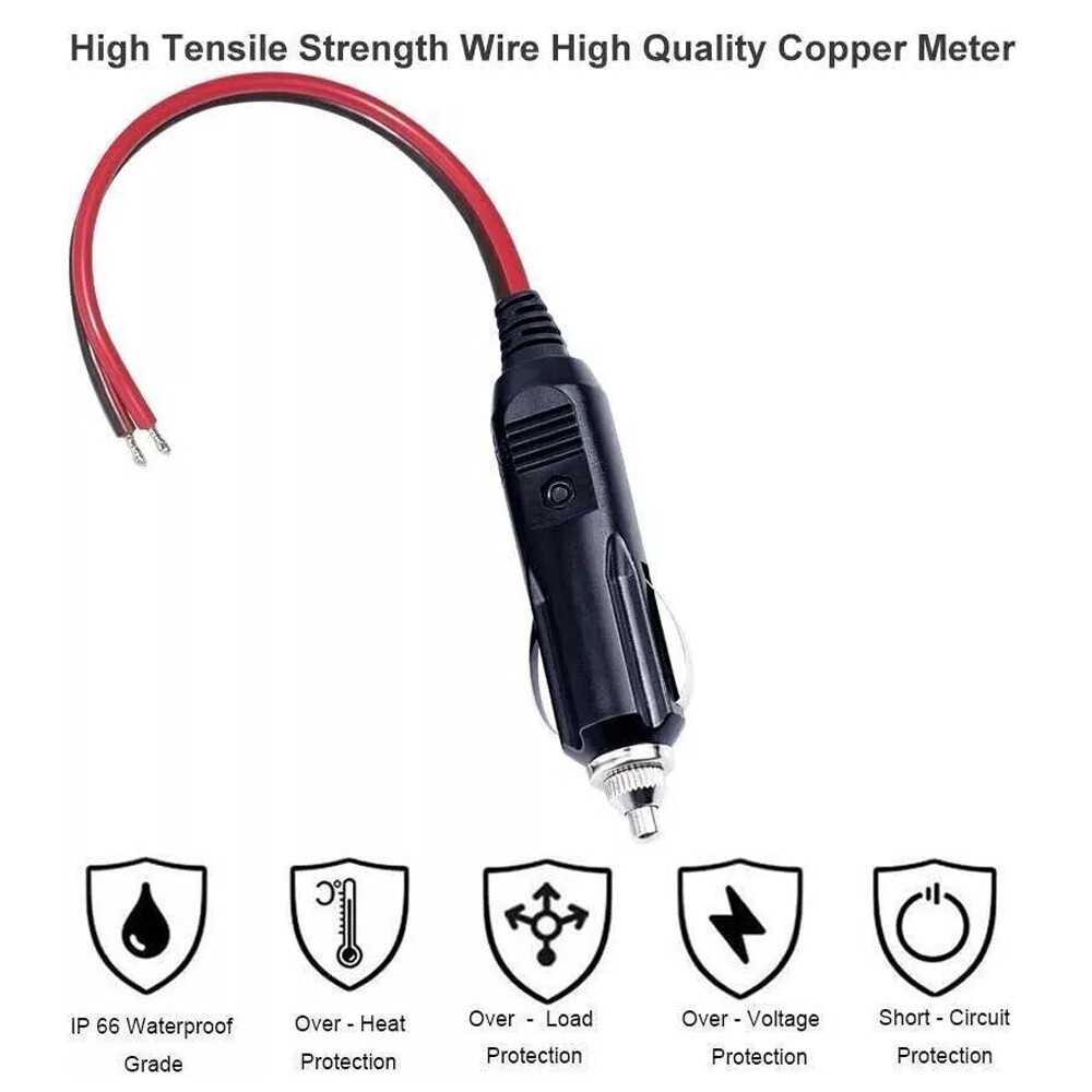 2Pcs Fused Male Car Cigarette Lighter Socket Plug Connector Cable Leads 12V~24V