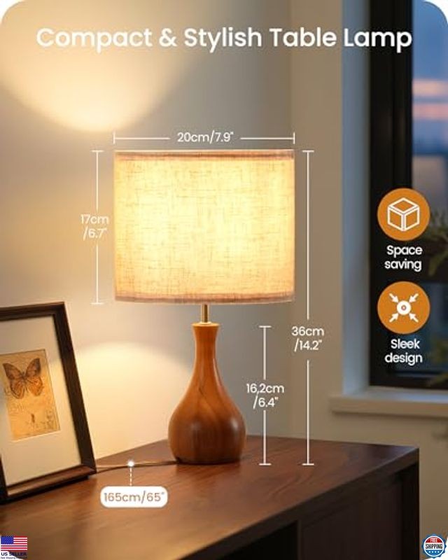 Charming 14.2" Small Table Lamp - Wood Bottle Base, Beige Shade, E26 Socket
