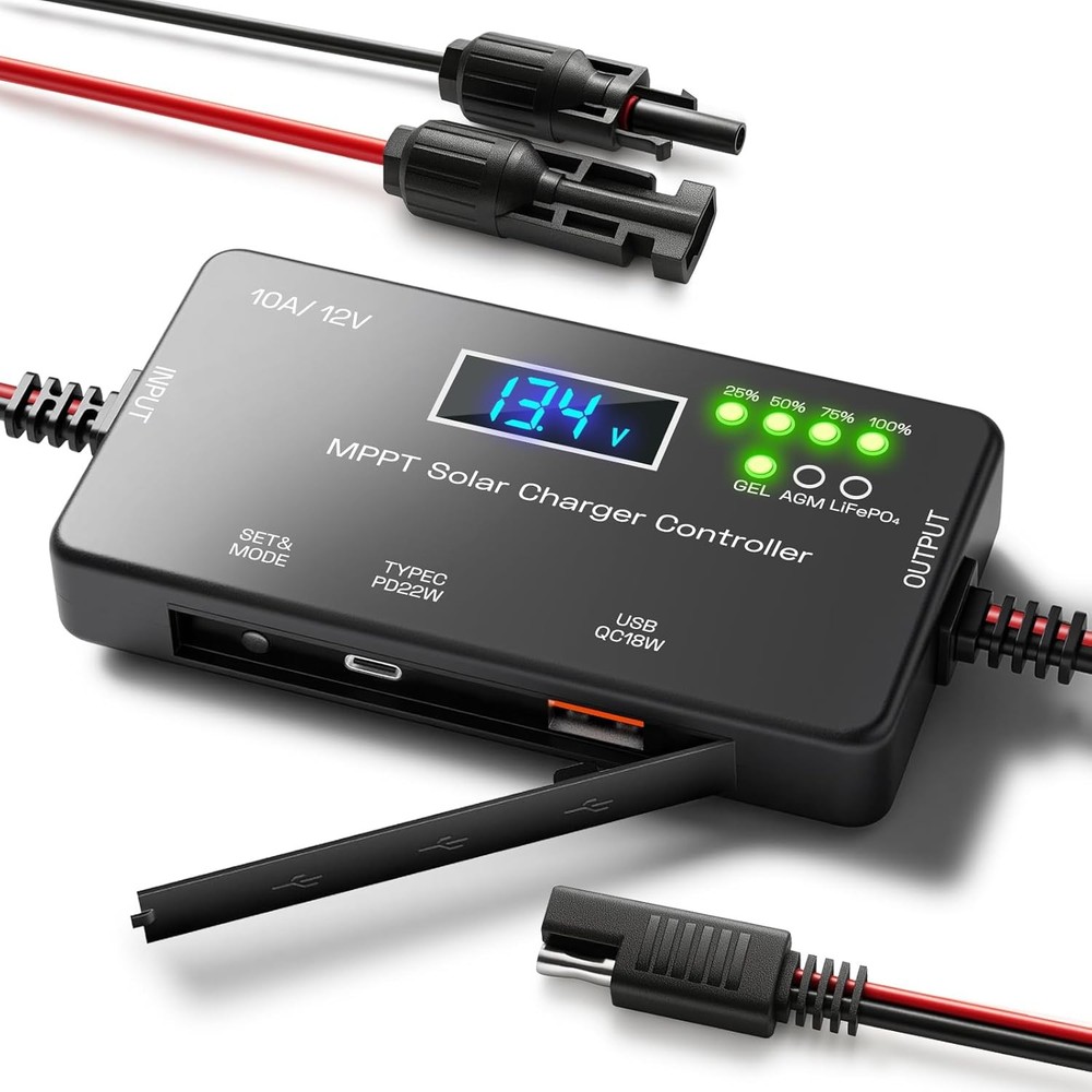 MPPT Solar Charge Controller 12V 10A, Intelligent Solar Panel Regulator with USB