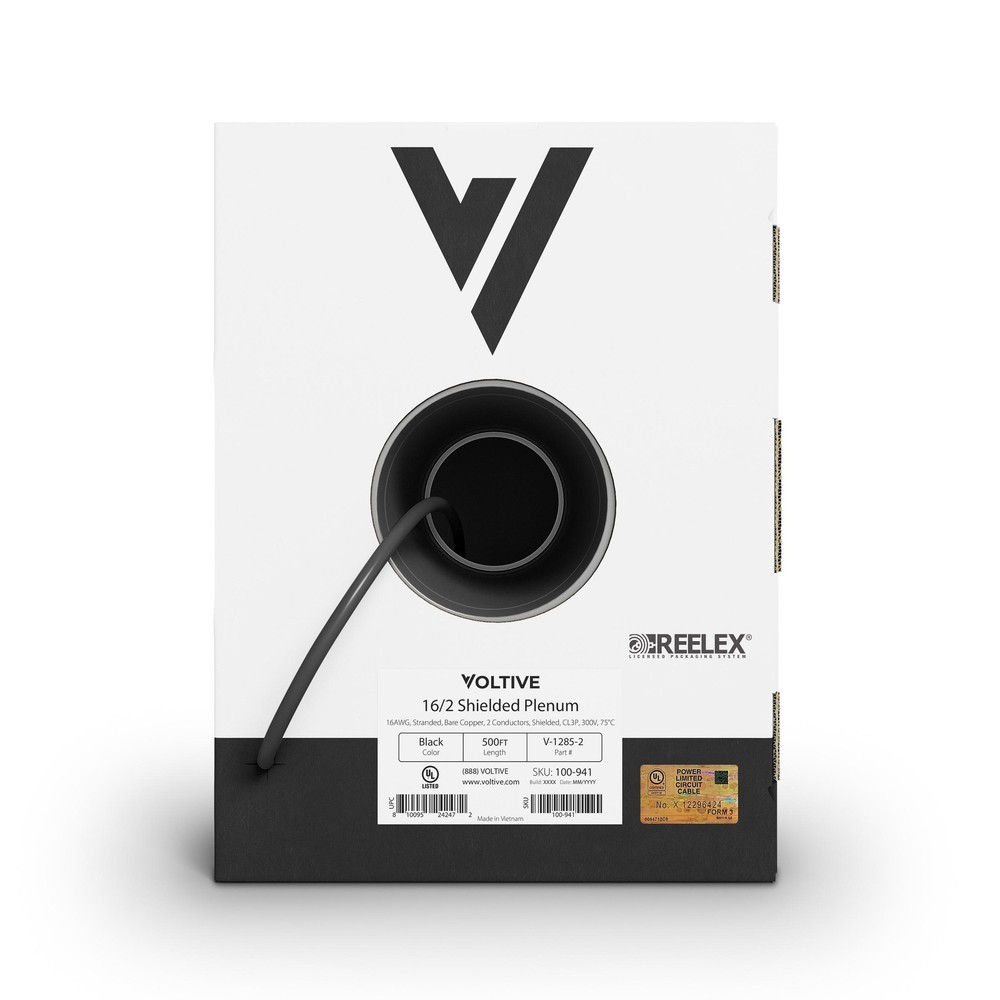 Voltive 16/2 Shielded Low Voltage Wire, Plenum CL3P, Black, 500ft