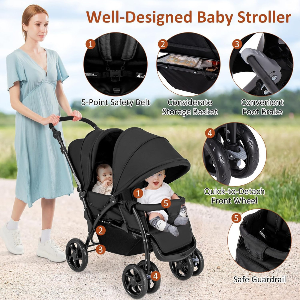 Compact Foldable Twin Stroller with Canopy & Safety Features - Black